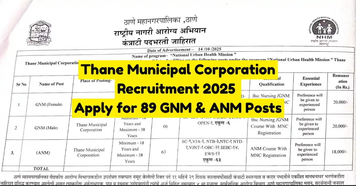 Thane Municipal Corporation Recruitment 2025 Apply for 89 GNM & ANM Posts