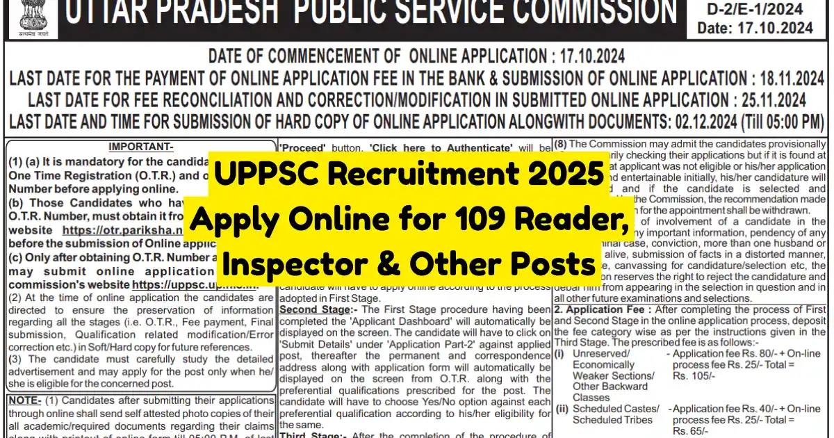 UPPSC Recruitment 2025 Apply Online for 109 Reader, Inspector & Other Posts