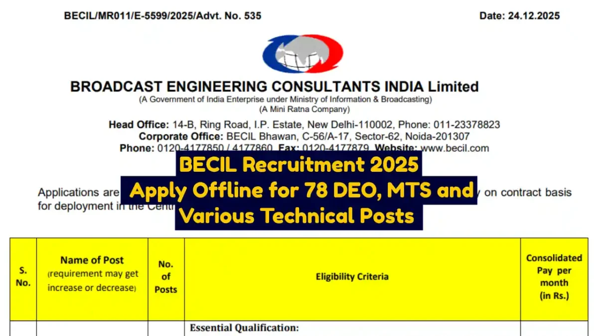 BECIL Recruitment 2025 Apply Offline for 78 DEO, MTS and Various Technical Posts