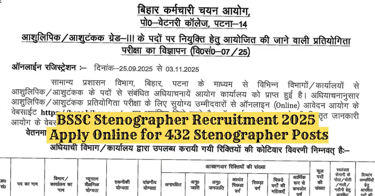 BSSC Stenographer Recruitment 2025 Apply Online for 432 Stenographer Posts