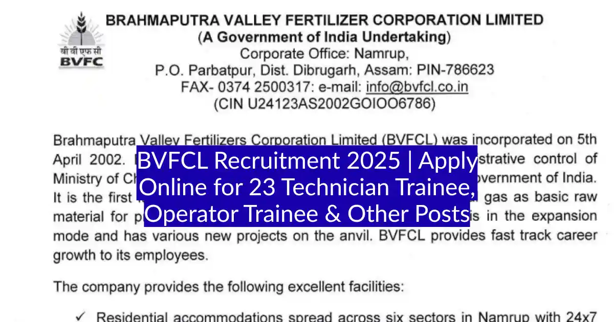 BVFCL Recruitment 2025 Apply Online for 23 Technician Trainee, Operator Trainee & Other Posts