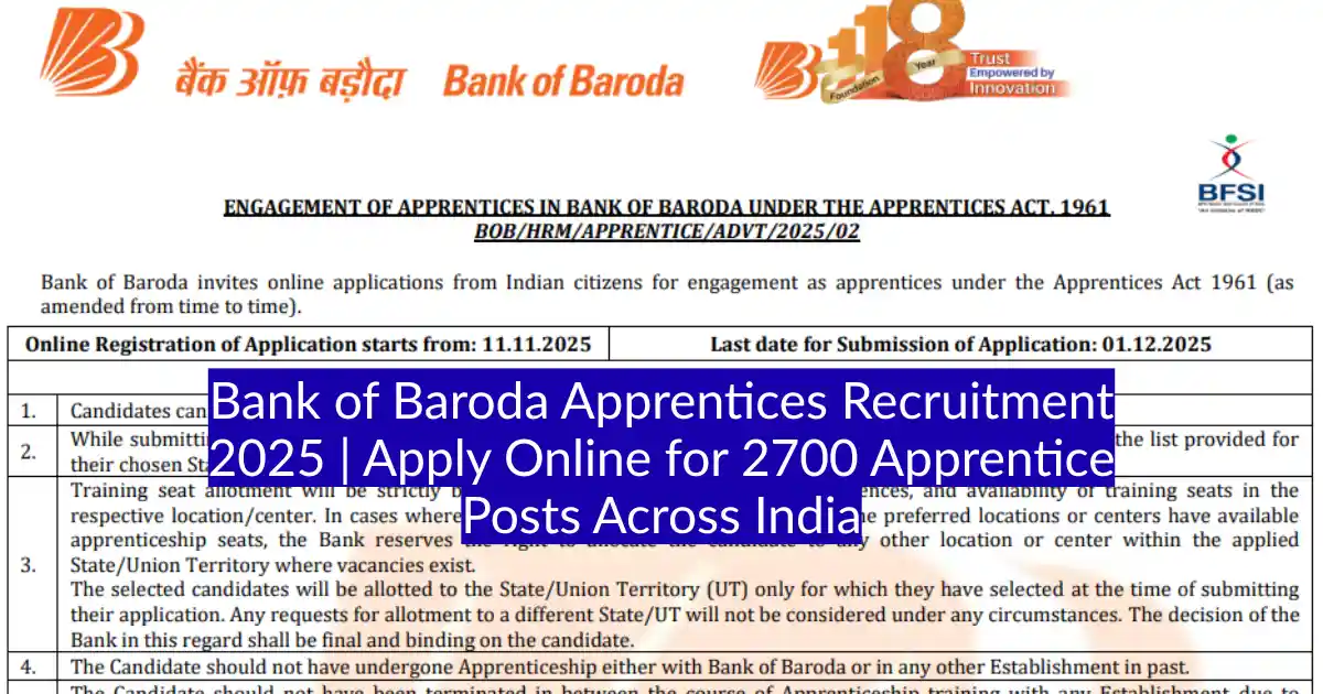 Bank of Baroda Apprentices Recruitment 2025 Apply Online for 2700 Apprentice Posts Across India