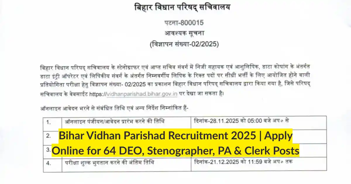 Bihar Vidhan Parishad Recruitment 2025 Apply Online for 64 DEO, Stenographer, PA & Clerk Posts