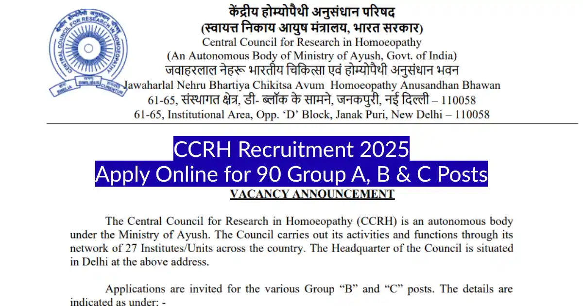 CCRH Recruitment 2025 Apply Online for 90 Group A, B & C Posts