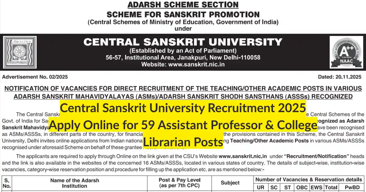 Central Sanskrit University Recruitment 2025 Apply Online for 59 Assistant Professor & College Librarian Posts