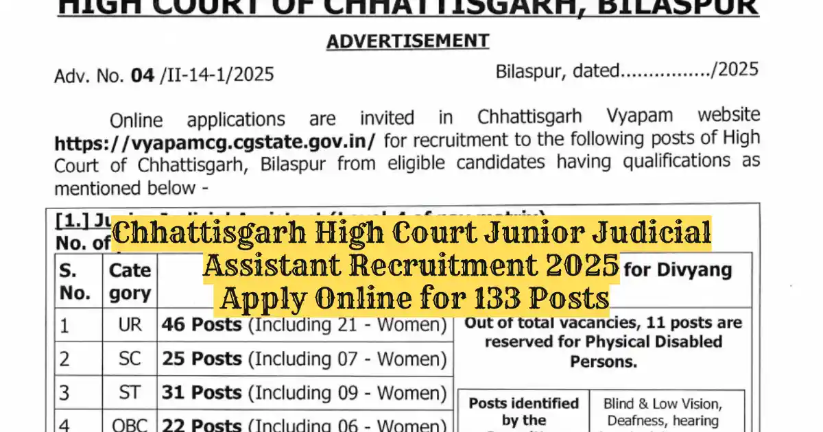 Chhattisgarh High Court Junior Judicial Assistant Recruitment 2025 Apply Online for 133 Posts