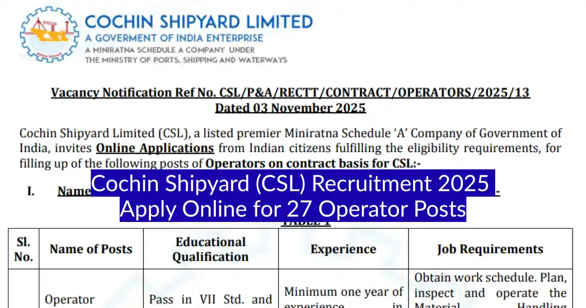 Cochin Shipyard (CSL) Recruitment 2025 Apply Online for 27 Operator Posts