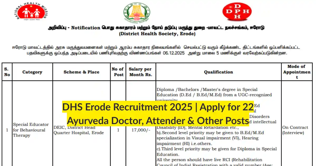 DHS Erode Recruitment 2025 Apply for 22 Ayurveda Doctor, Attender & Other Posts