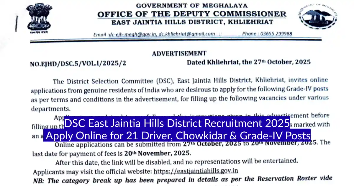 DSC East Jaintia Hills District Recruitment 2025 Apply Online for 21 Driver, Chowkidar & Grade-IV Posts