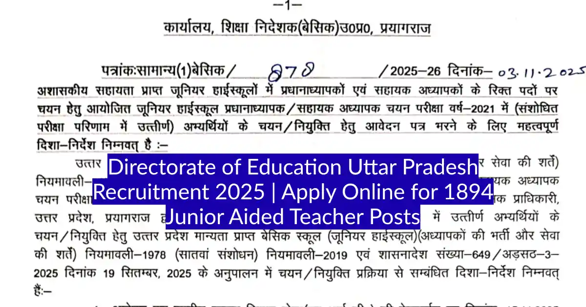 Directorate of Education Uttar Pradesh Recruitment 2025 Apply Online for 1894 Junior Aided Teacher Posts