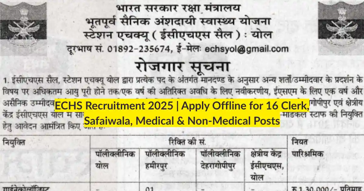 ECHS Recruitment 2025 Apply Offline for 16 Clerk, Safaiwala, Medical & Non-Medical Posts
