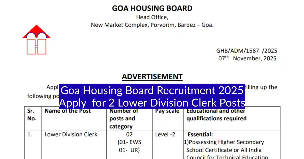 Goa Housing Board Recruitment 2025 Apply Offline for 2 Lower Division Clerk Posts