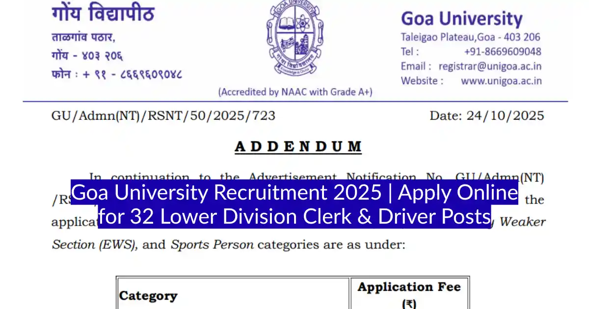Goa University Recruitment 2025 Apply Online for 32 Lower Division Clerk & Driver Posts