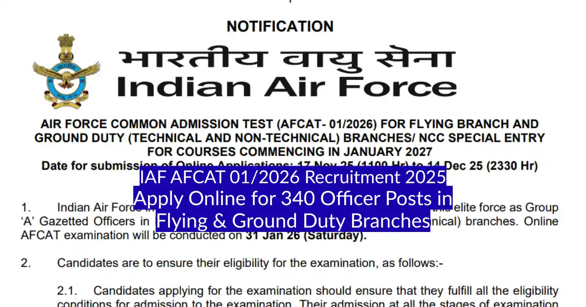 IAF AFCAT 012026 Recruitment 2025 Apply Online for 340 Officer Posts in Flying & Ground Duty Branches