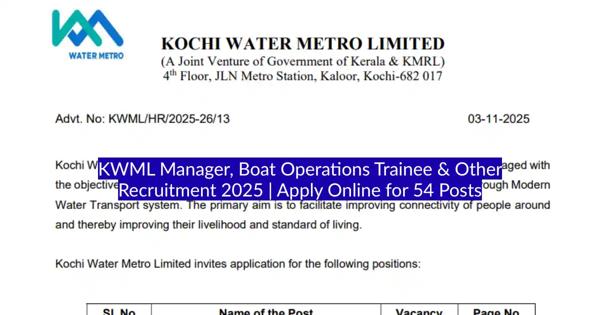 KWML Manager, Boat Operations Trainee & Other Recruitment 2025 Apply Online for 54 Posts