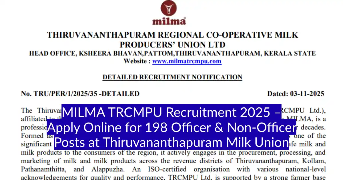 MILMA TRCMPU Recruitment 2025 – Apply Online for 198 Officer & Non-Officer Posts at Thiruvananthapuram Milk Union