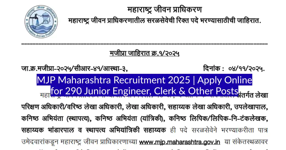 MJP Maharashtra Recruitment 2025 Apply Online for 290 Junior Engineer, Clerk & Other Posts