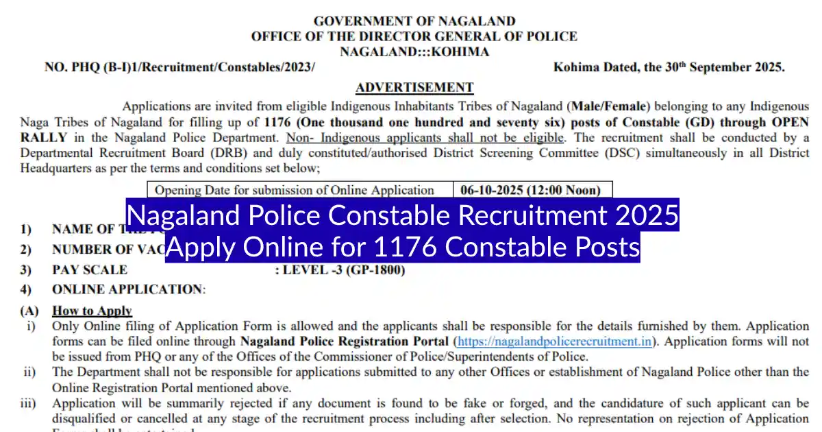 Nagaland Police Constable Recruitment 2025 Apply Online for 1176 Constable Posts