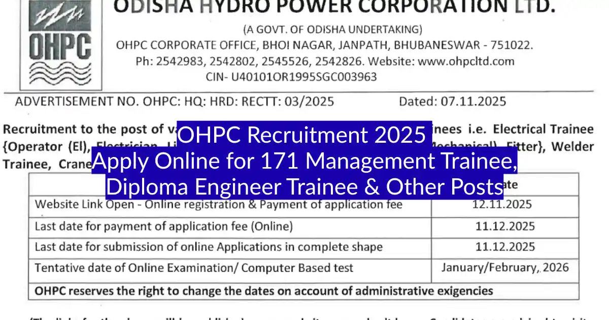 OHPC Recruitment 2025 Apply Online for 171 Management Trainee, Diploma Engineer Trainee & Other Posts