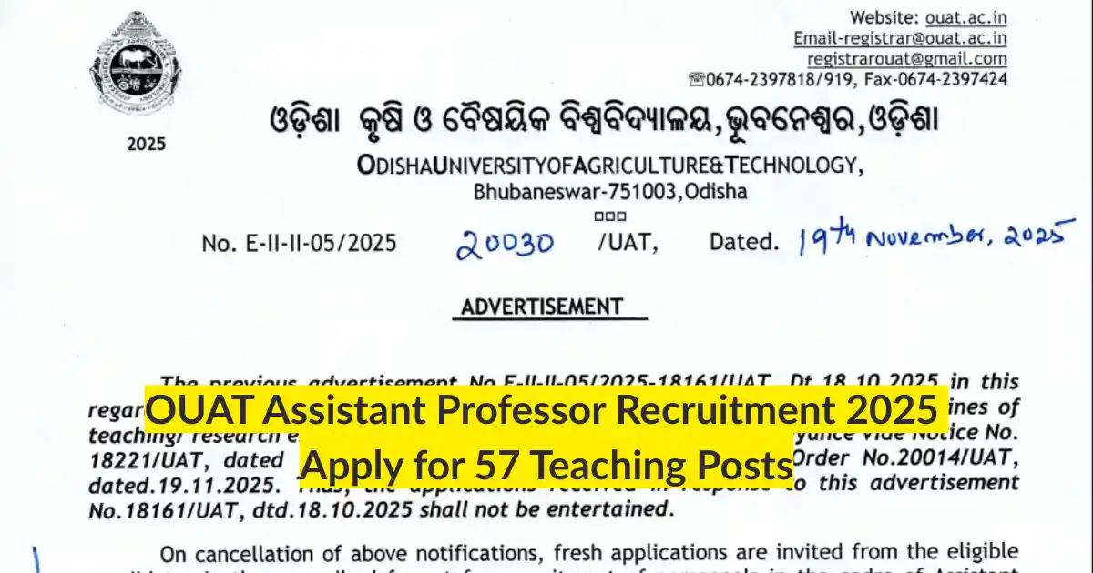 OUAT Assistant Professor Recruitment 2025 Apply Offline for 57 Teaching Posts
