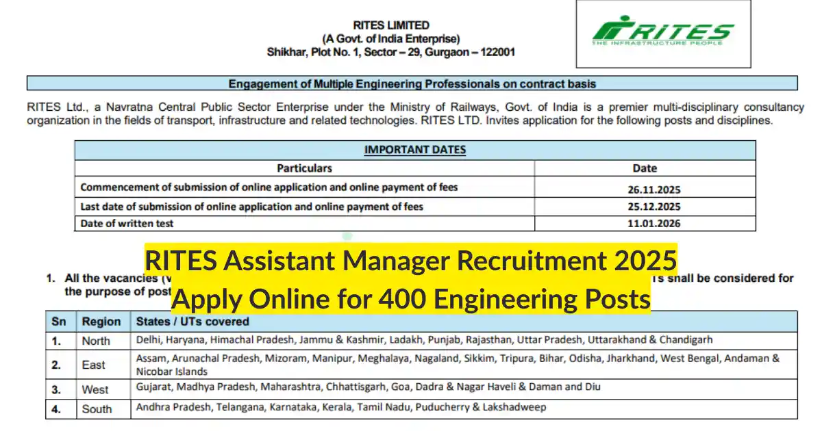 RITES Assistant Manager Recruitment 2025 Apply Online for 400 Engineering Posts