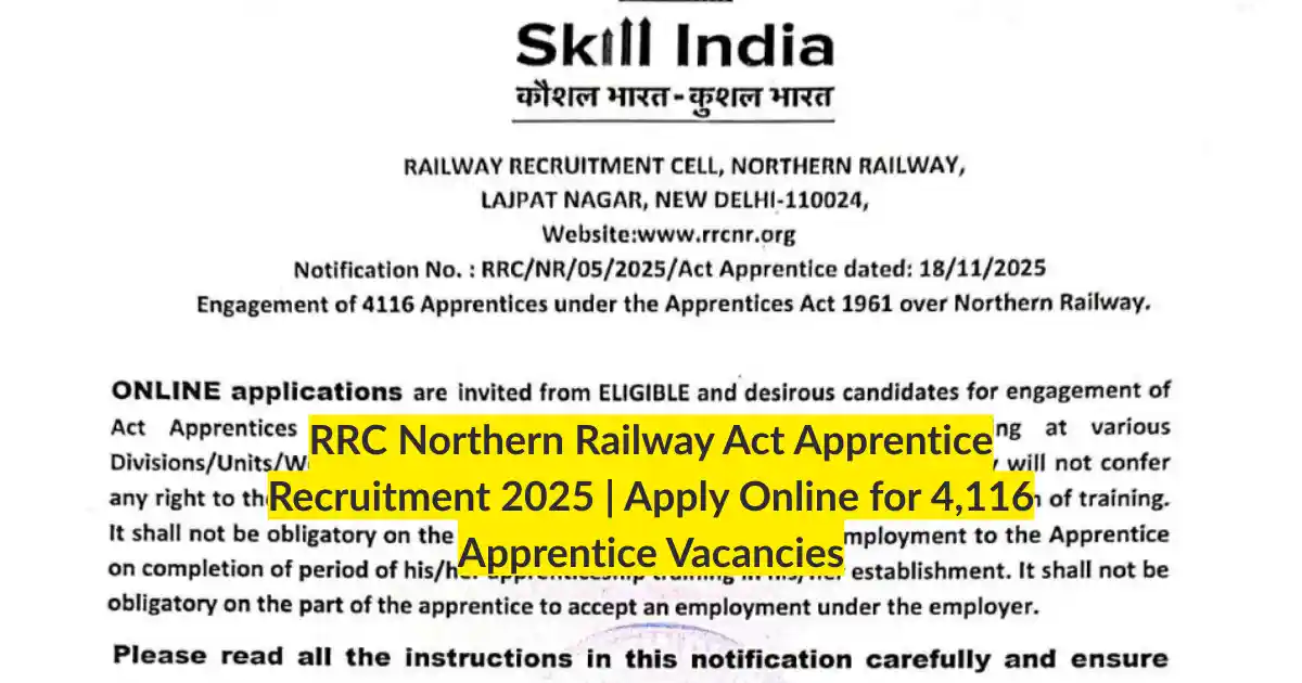 RRC Northern Railway Act Apprentice Recruitment 2025 Apply Online for 4,116 Apprentice Vacancies