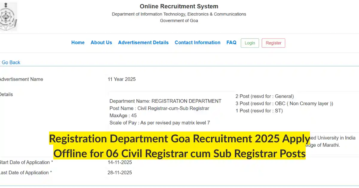 Registration Department Goa Recruitment 2025 Apply Offline for 06 Civil Registrar cum Sub Registrar Posts