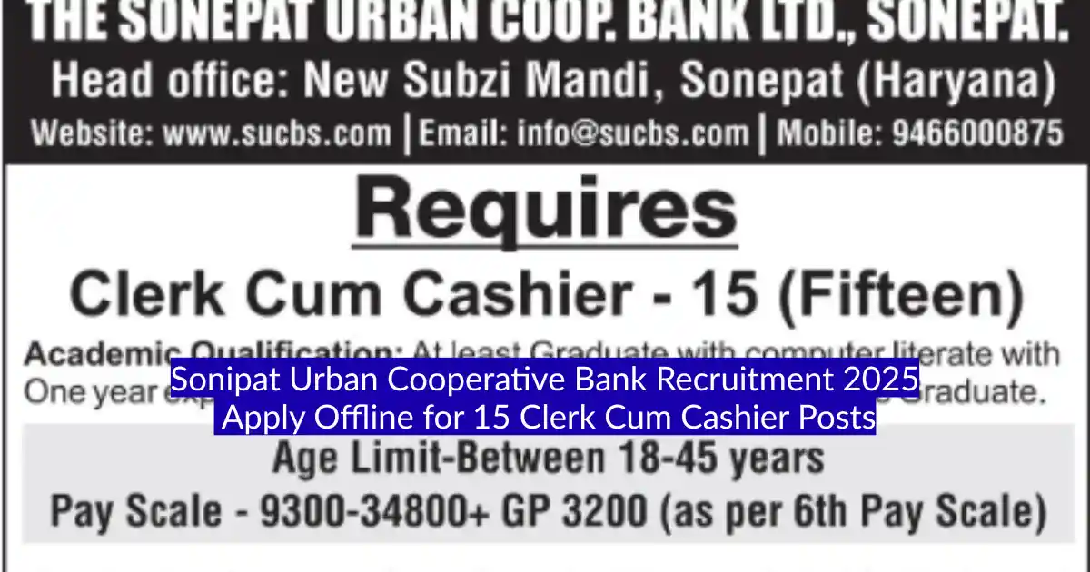 Sonipat Urban Cooperative Bank Recruitment 2025 Apply Offline for 15 Clerk Cum Cashier Posts