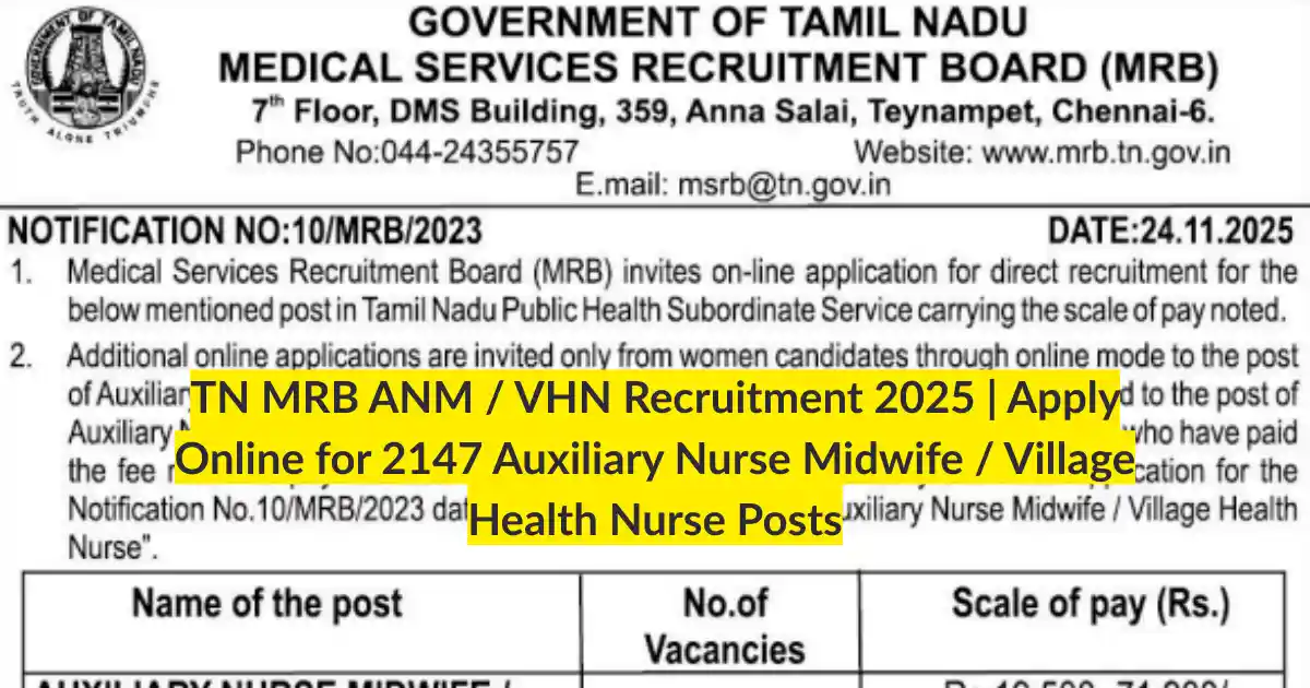 TN MRB ANM VHN Recruitment 2025 Apply Online for 2147 Auxiliary Nurse Midwife Village Health Nurse Posts