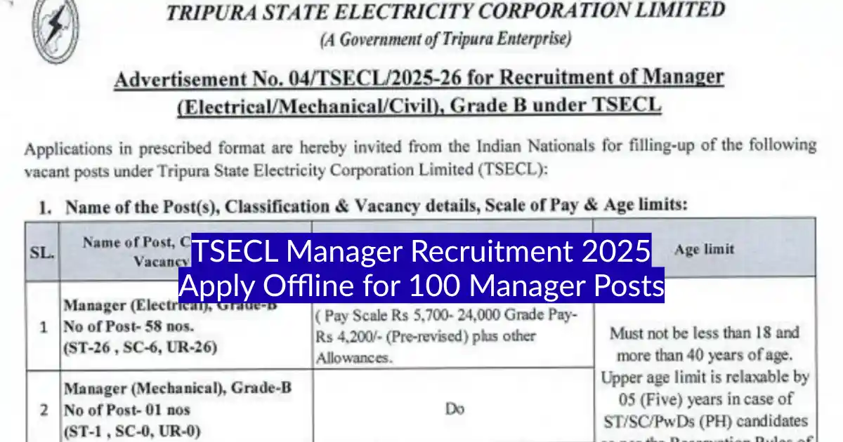 TSECL Manager Recruitment 2025 Apply Offline for 100 Manager Posts