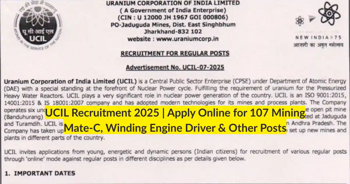 UCIL Recruitment 2025 Apply Online for 107 Mining Mate-C, Winding Engine Driver & Other Posts