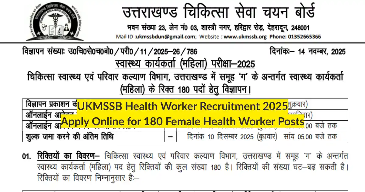 UKMSSB Health Worker Recruitment 2025 Apply Online for 180 Female Health Worker Posts