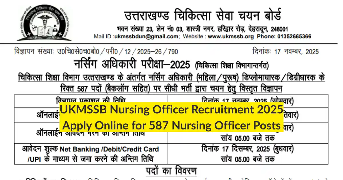 UKMSSB Nursing Officer Recruitment 2025 Apply Online for 587 Nursing Officer Posts