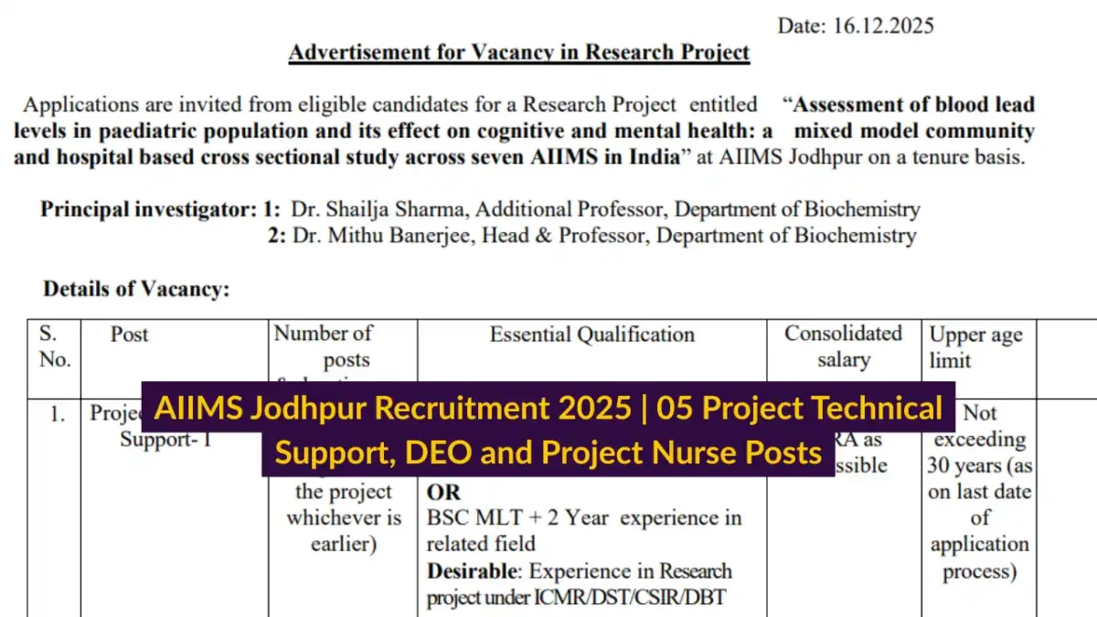 AIIMS Jodhpur Recruitment 2025 05 Project Technical Support, DEO and Project Nurse Posts