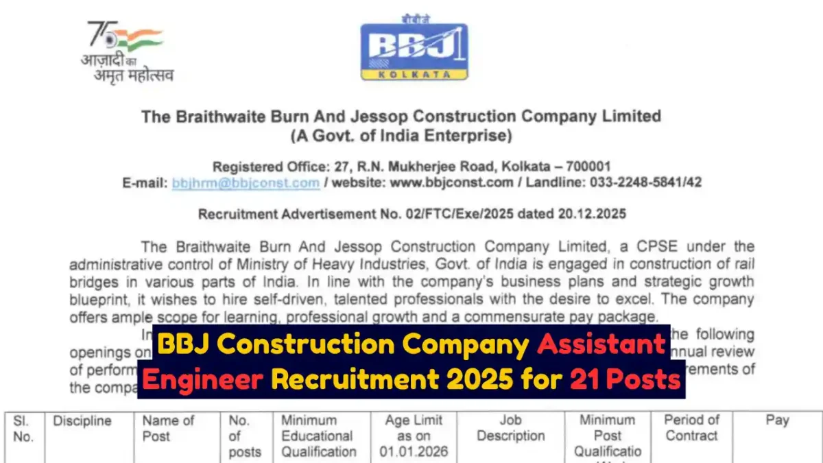 BBJ Construction Company Assistant Engineer Recruitment 2025 Apply Offline for 21 Posts