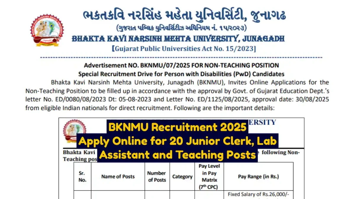 BKNMU Recruitment 2025 Apply Online for 20 Junior Clerk, Lab Assistant and Teaching Posts