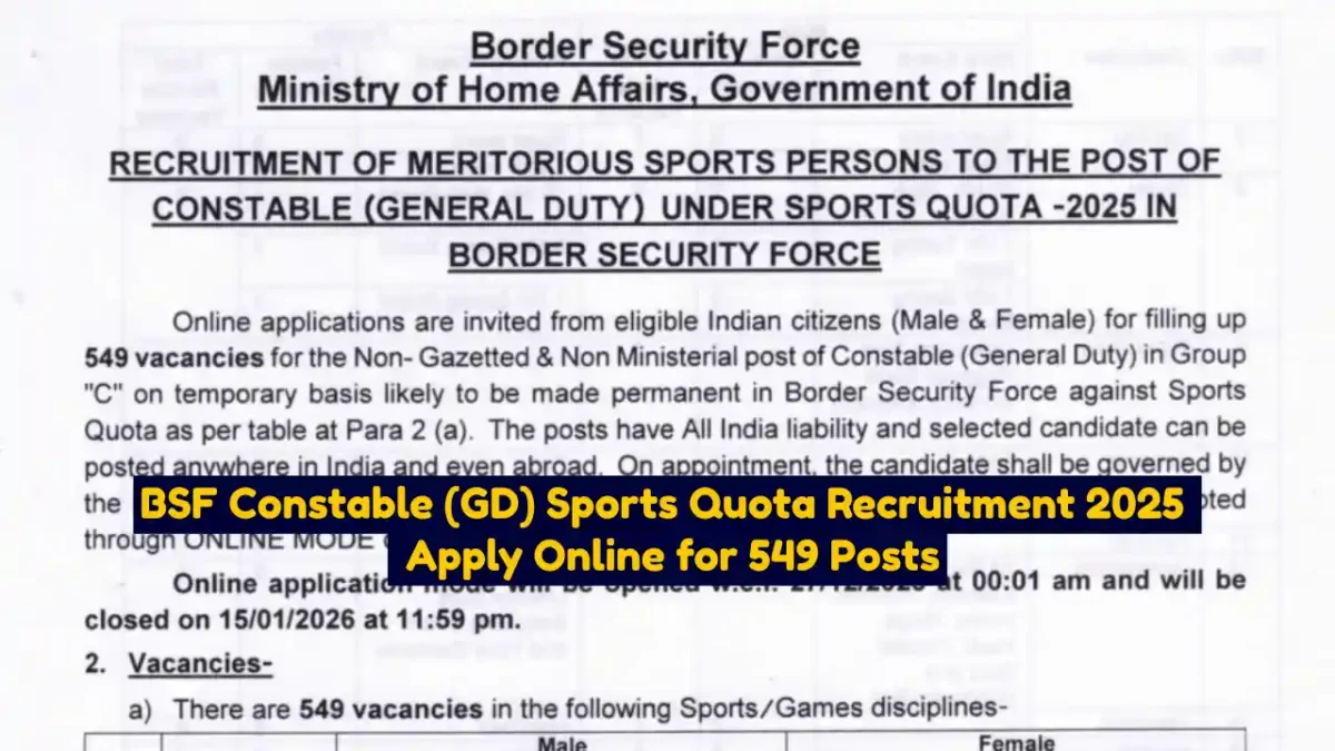 BSF Constable (GD) Sports Quota Recruitment 2025 Apply Online for 549 Posts