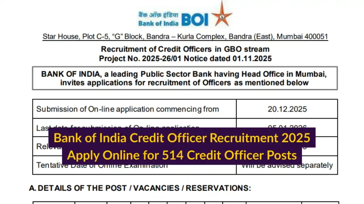 Bank of India Credit Officer Recruitment 2025 Apply Online for 514 Credit Officer Posts
