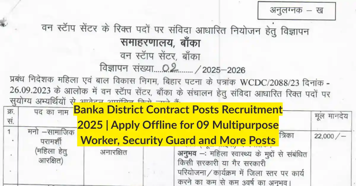 Banka District Contract Posts Recruitment 2025 Apply Offline for 09 Multipurpose Worker, Security Guard and More Posts