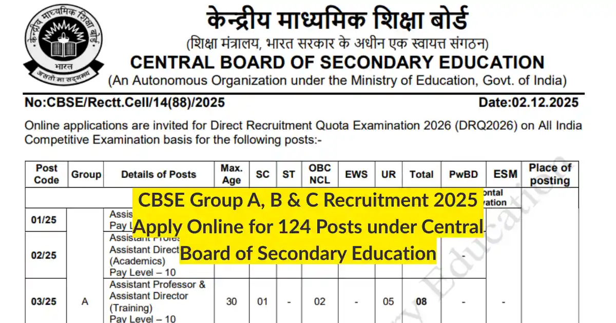 CBSE Group A, B & C Recruitment 2025 Apply Online for 124 Posts under Central Board of Secondary Education