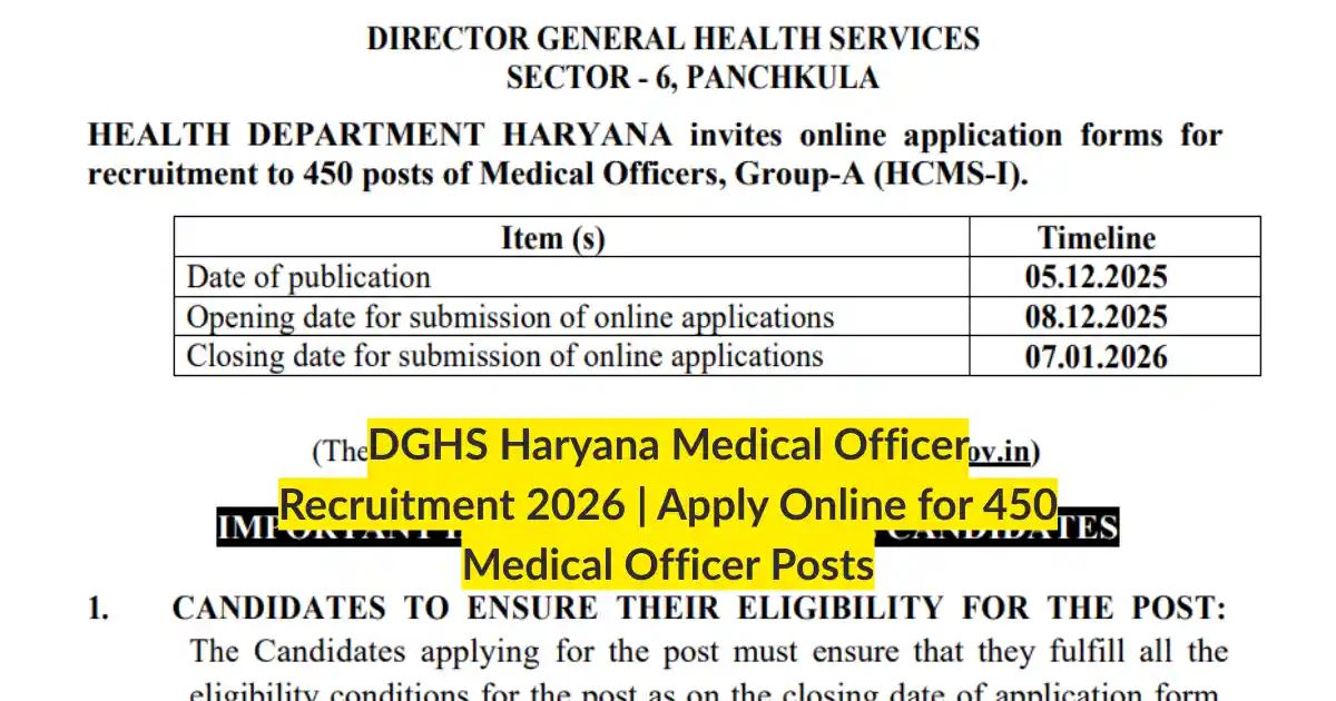 DGHS Haryana Medical Officer Recruitment 2026 Apply Online for 450 Medical Officer Posts