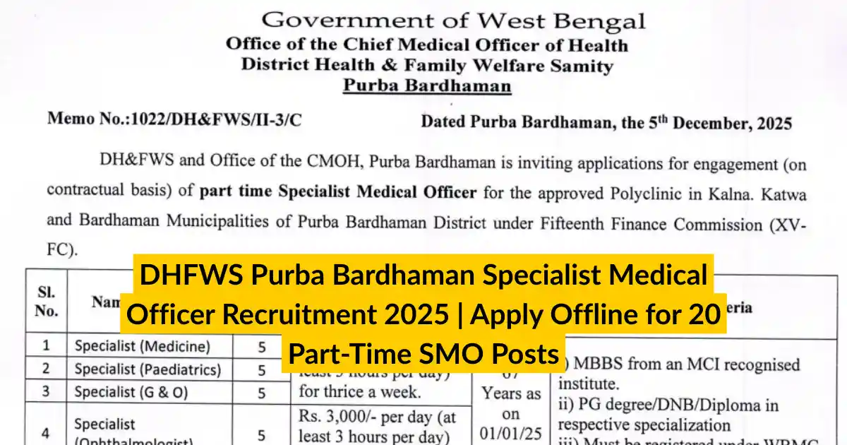 DHFWS Purba Bardhaman Specialist Medical Officer Recruitment 2025 Apply Offline for 20 Part-Time SMO Posts