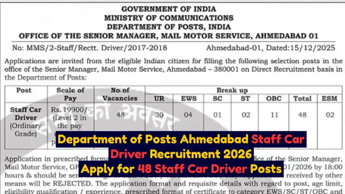 Department of Posts Ahmedabad Staff Car Driver Recruitment 2026 Apply Offline for 48 Staff Car Driver Posts
