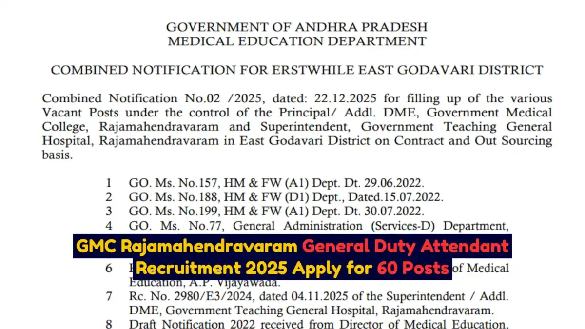 GMC Rajamahendravaram General Duty Attendant Recruitment 2025 Apply for 60 Posts