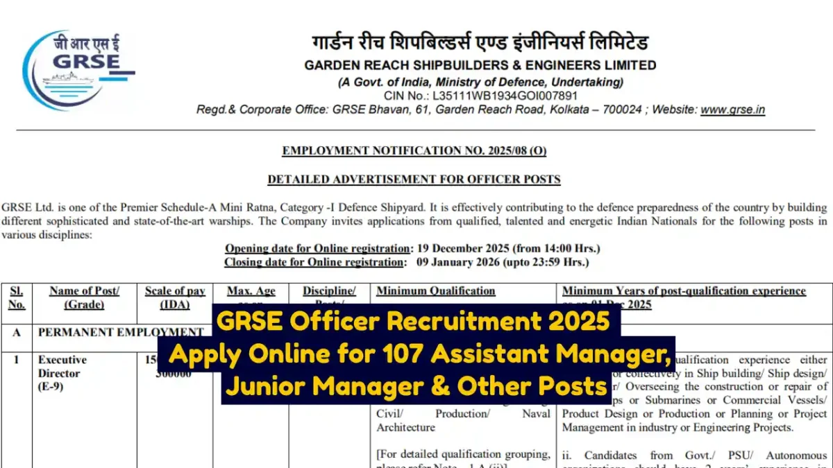 GRSE Officer Recruitment 2025 Apply Online for 107 Assistant Manager, Junior Manager & Other Posts
