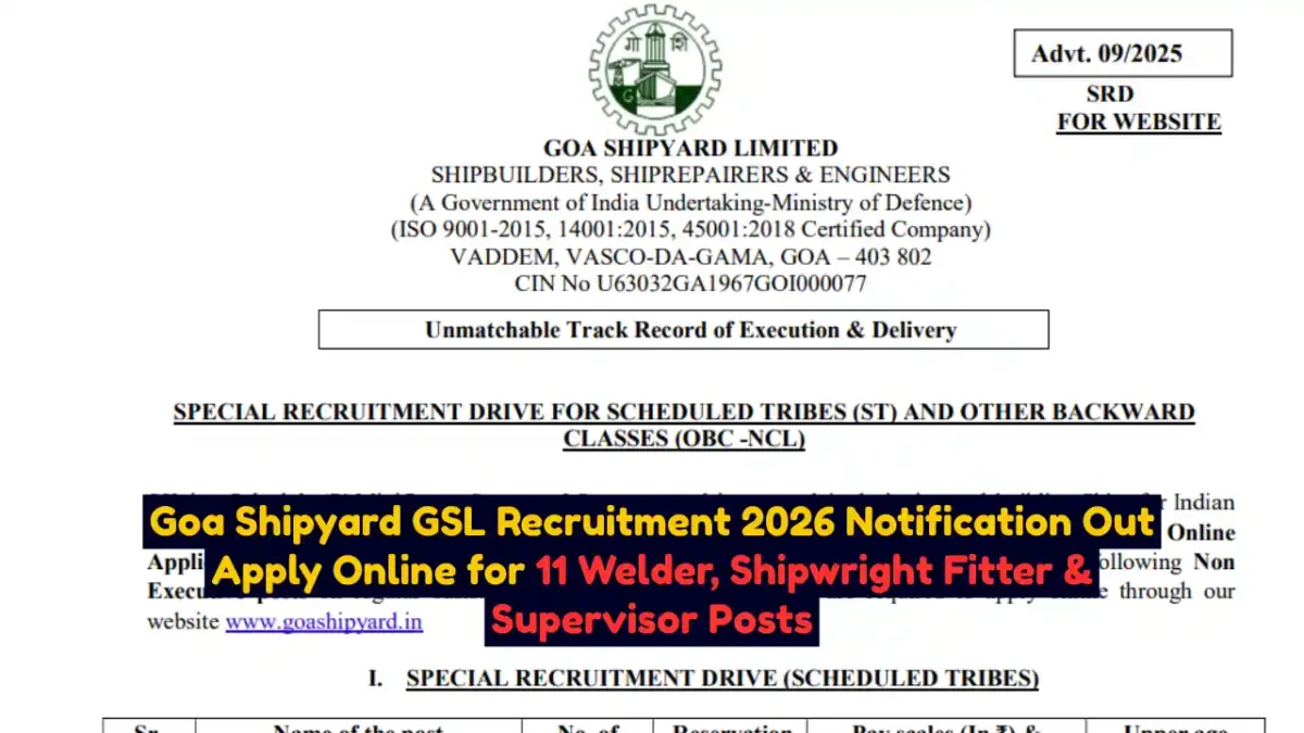 Goa Shipyard GSL Recruitment 2026 Notification Out Apply Online for 11 Welder, Shipwright Fitter & Supervisor Posts
