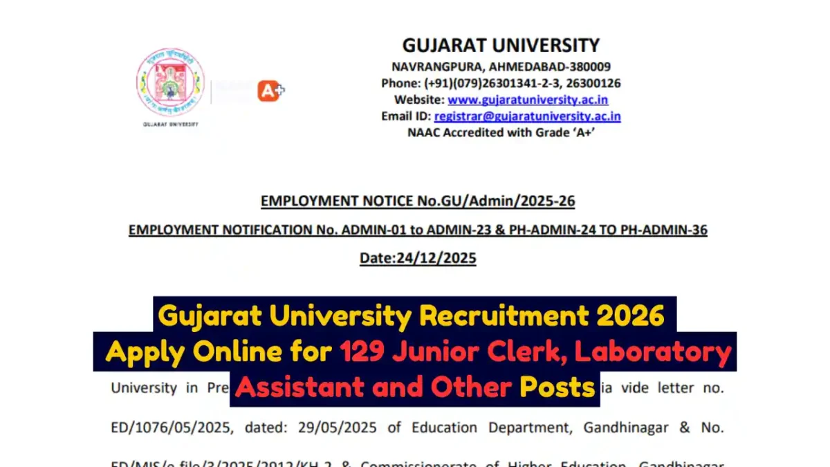 Gujarat University Recruitment 2026 Apply Online for 129 Junior Clerk, Laboratory Assistant and Other Posts