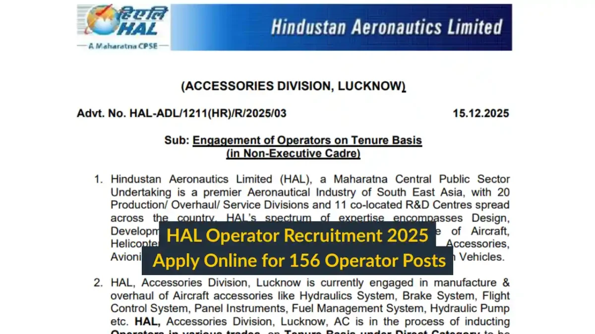 HAL Operator Recruitment 2025 Apply Online for 156 Operator Posts