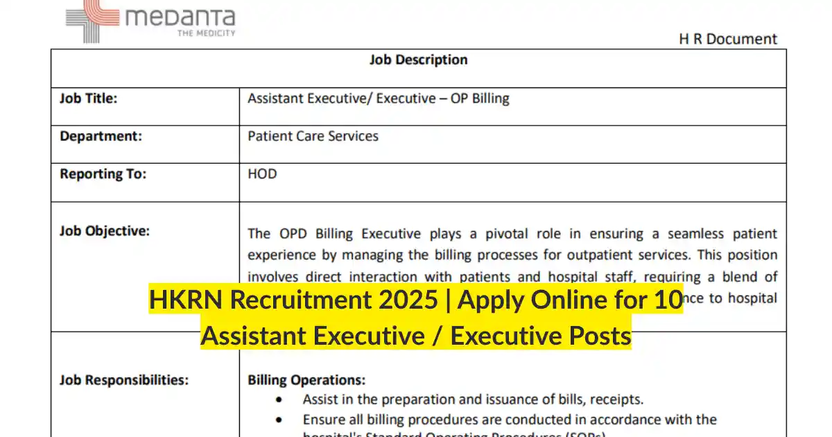 HKRN Recruitment 2025 Apply Online for 10 Assistant Executive Executive Posts