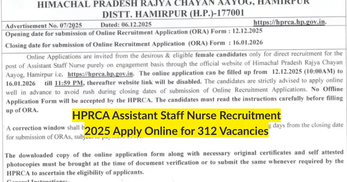 HPRCA Assistant Staff Nurse Recruitment 2025 Apply Online for 312 Vacancies